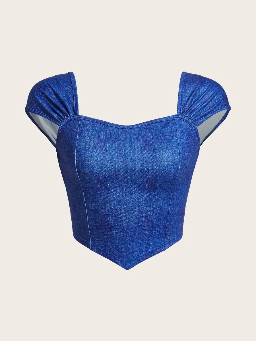 SHEIN Tops con gái Bất đối xứng Xù màu trơn Giải trí - Màu xanh lam - Xem 1