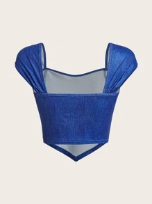 SHEIN Tops con gái Bất đối xứng Xù màu trơn Giải trí - Màu xanh lam - Xem 2