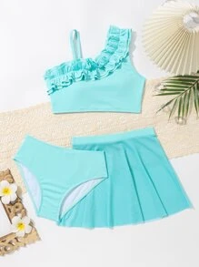 Conjunto de bikini con volantes y falda de playa para niña preadolescente, verano playa - Azul menta - Ver 1