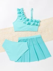 Conjunto de bikini con volantes y falda de playa para niña preadolescente, verano playa - Azul menta - Ver 2