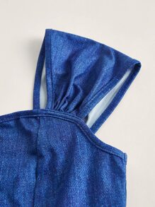 SHEIN Tops con gái Bất đối xứng Xù màu trơn Giải trí - Màu xanh lam - Xem 3