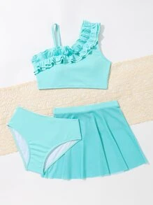 Conjunto de bikini con volantes y falda de playa para niña preadolescente, verano playa - Azul menta - Ver 5