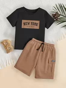 Young Boy Letter Graphic Tee & Drawstring Waist Shorts - Camel - View 5