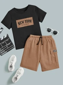 Young Boy Letter Graphic Tee & Drawstring Waist Shorts - Camel - View 2