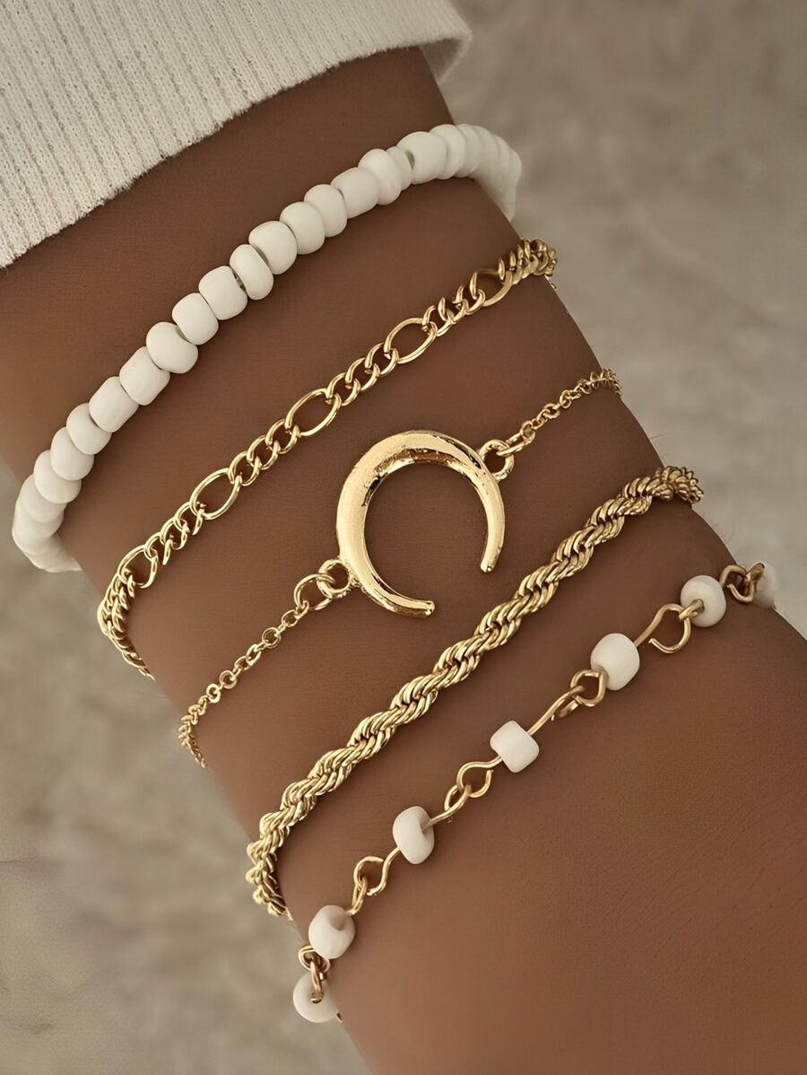 5 piezas/set Pulsera de cadena con diseño de luna - Blanco - Ver 1