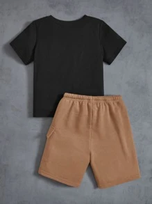 Young Boy Letter Graphic Tee & Drawstring Waist Shorts - Camel - View 6