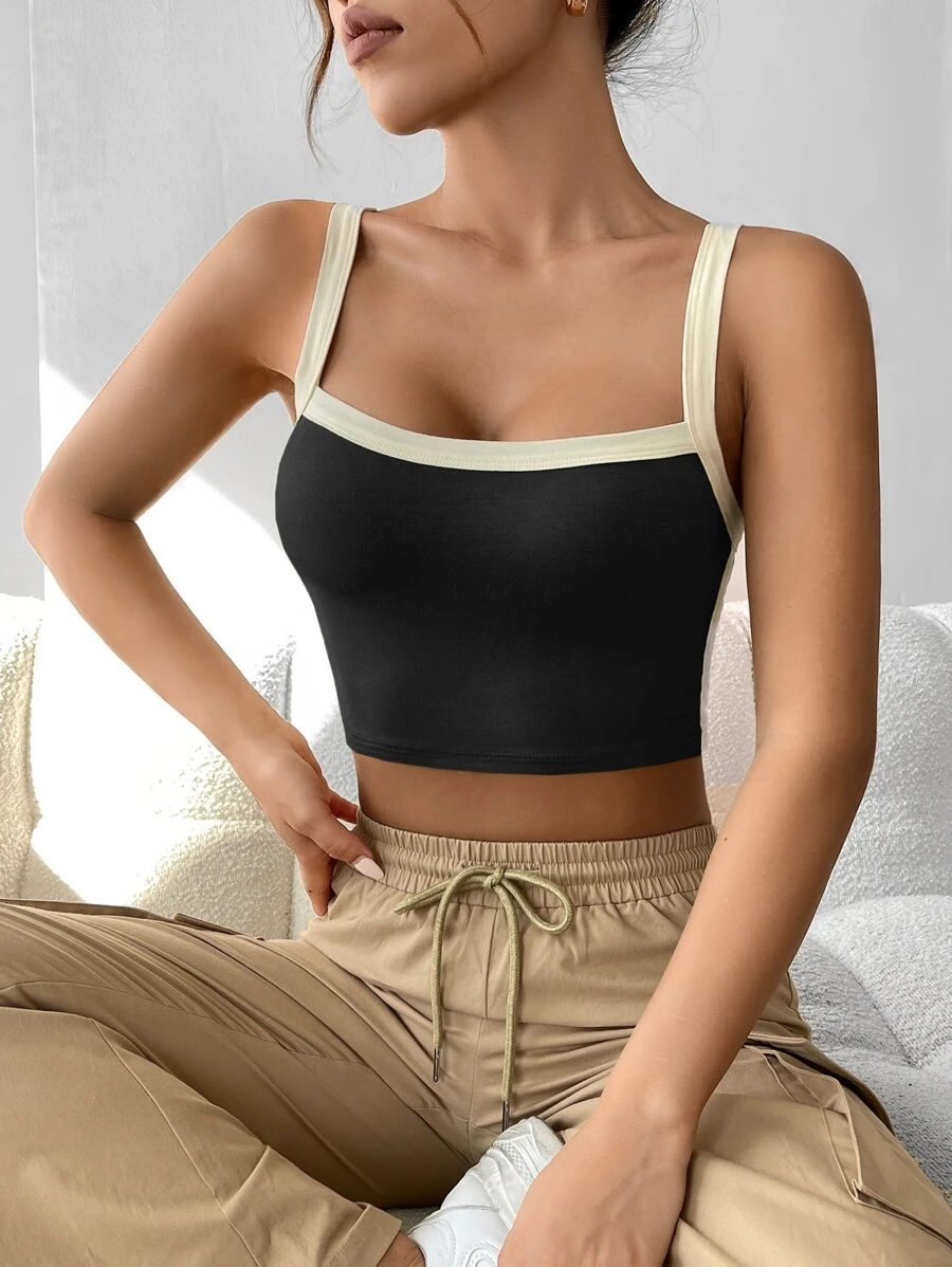 SHEIN PETITE Contrast Trim Crop Cami Top - Black - View 1