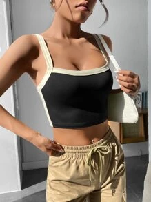 SHEIN PETITE Contrast Trim Crop Cami Top - Black - View 3
