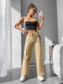 SHEIN PETITE Contrast Trim Crop Cami Top - Black - View 5