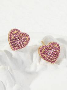 Cubic Zirconia Heart Stud Earrings For Women For Party Banquet Wedding - Hot Pink - View 1