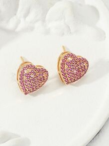 Cubic Zirconia Heart Stud Earrings For Women For Party Banquet Wedding - Hot Pink - View 2