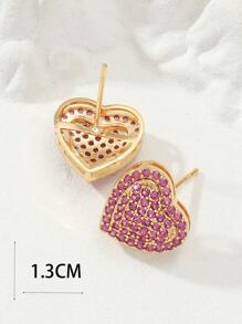 Cubic Zirconia Heart Stud Earrings For Women For Party Banquet Wedding - Hot Pink - View 3
