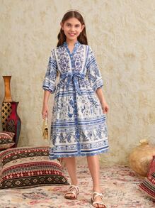 SHEIN 女孩印花繫腰帶洋裝 - 藍白色 - 查看 1