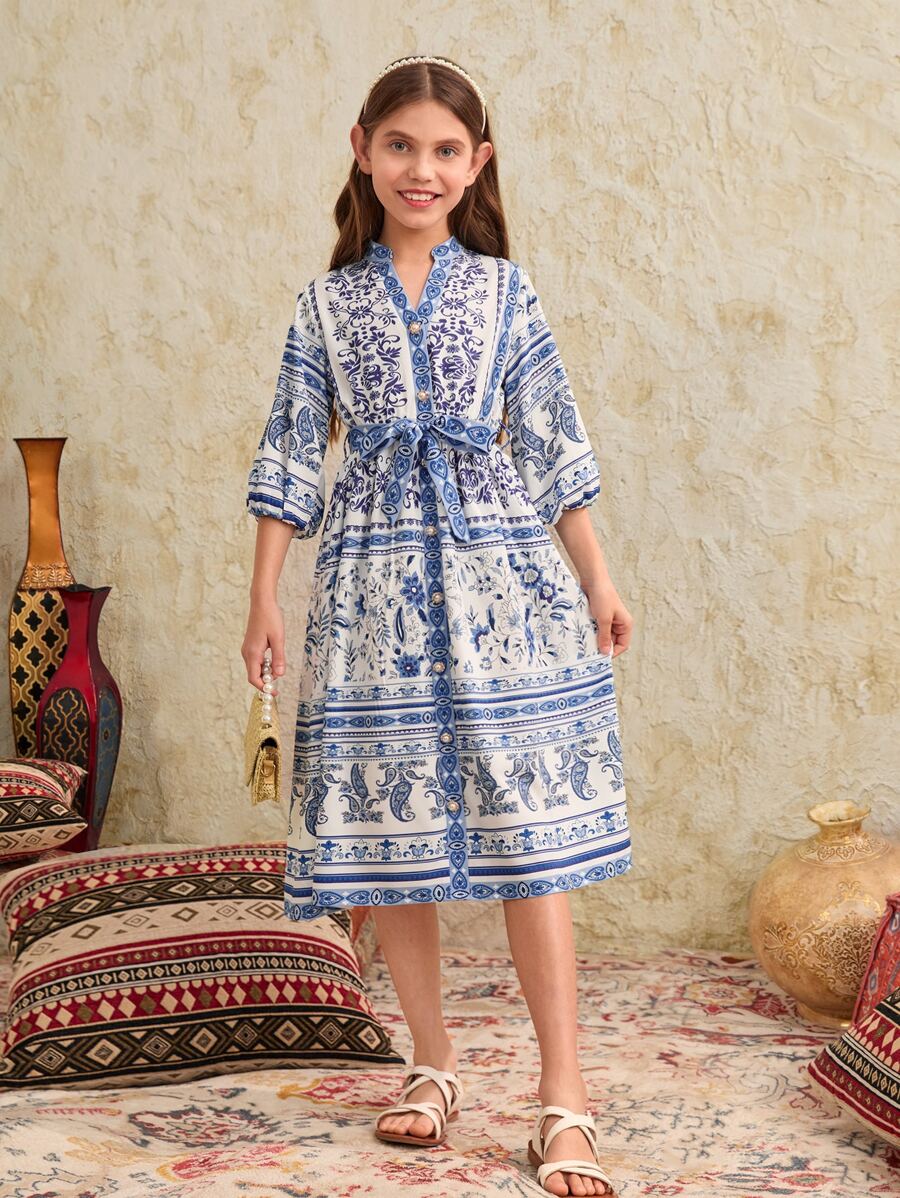 SHEIN 女孩印花繫腰帶洋裝 - 藍白色 - 查看 1