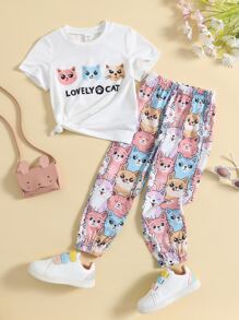 SHEIN Toddler Girls Cartoon Graphic Tee & Trousers - Multicolor - View 1