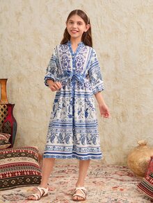 SHEIN 女孩印花繫腰帶洋裝 - 藍白色 - 查看 3