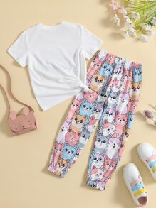 SHEIN Toddler Girls Cartoon Graphic Tee & Trousers - Multicolor - View 2