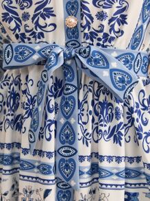 SHEIN 女孩印花繫腰帶洋裝 - 藍白色 - 查看 5