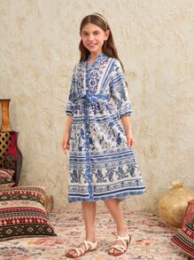 SHEIN 女孩印花繫腰帶洋裝 - 藍白色 - 查看 6