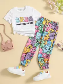 SHEIN Toddler Girls Cartoon Graphic Tee & Trousers - Multicolor - View 1