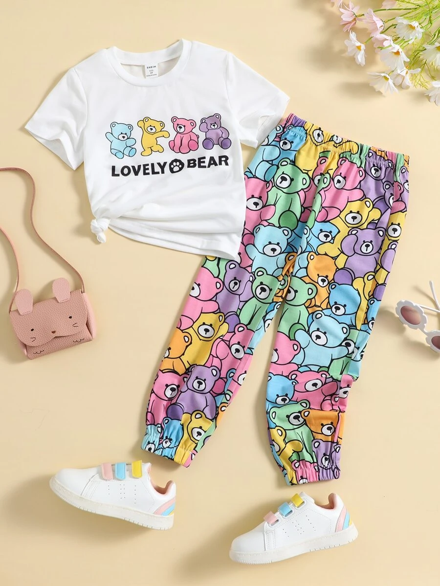 SHEIN Toddler Girls Cartoon Graphic Tee & Trousers - Multicolor - View 1