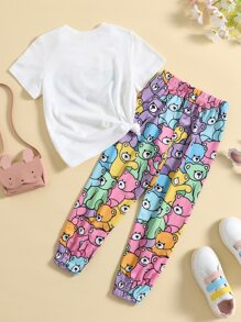 SHEIN Toddler Girls Cartoon Graphic Tee & Trousers - Multicolor - View 2