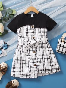 小女童格紋印花繫腰帶洋裝