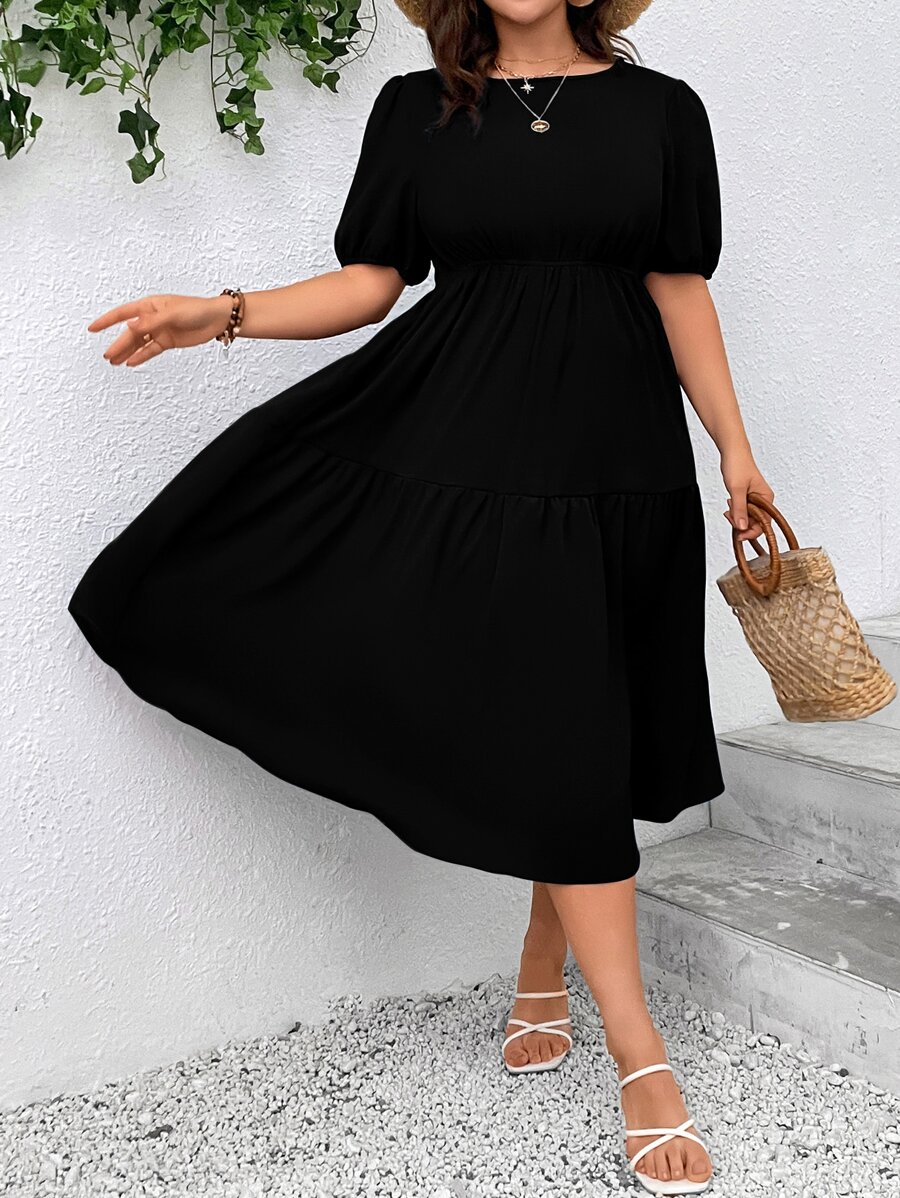 SHEIN LUNE Plus Solid Ruffle Hem Dress Maxi Women Outfit - Black - View 1
