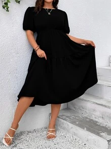 SHEIN LUNE Plus Solid Ruffle Hem Dress Maxi Women Outfit - Black - View 3