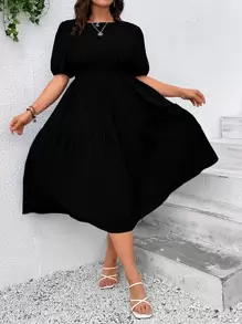 SHEIN LUNE Plus Solid Ruffle Hem Dress Maxi Women Outfit - Black - View 4