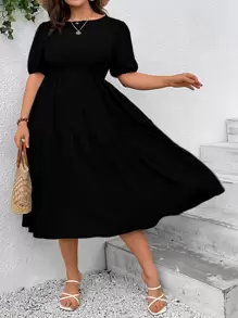 SHEIN LUNE Plus Solid Ruffle Hem Dress Maxi Women Outfit - Black - View 5