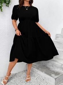 SHEIN LUNE Plus Solid Ruffle Hem Dress Maxi Women Outfit - Black - View 6