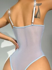 亮片拼接織帶鋼圈網紗性感緊身連體衣 - 淺藍色 - 查看 5