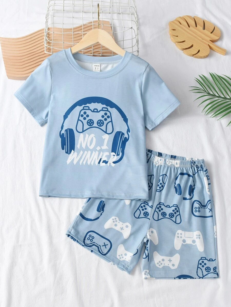 Boys Letter & Gamepad Print PJ Set - Baby Blue - View 1