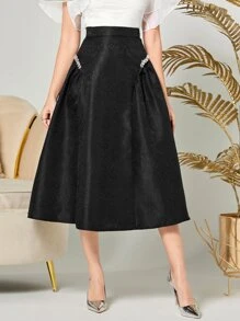 Modelyn High Waist Rhinestone Detail Jacquard Skirt - Black - View 1