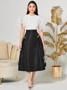 Modelyn High Waist Rhinestone Detail Jacquard Skirt - Black - View 3