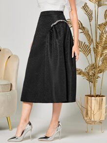 Modelyn High Waist Rhinestone Detail Jacquard Skirt - Black - View 5