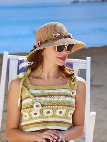 1pc Sun Protection Straw Hat With Decorative Accessory For Outdoor Travel, Party And Beach Boho - Khaki - View 4