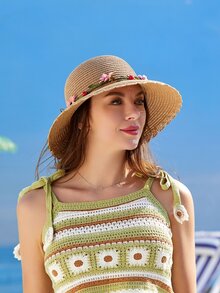 1pc Sun Protection Straw Hat With Decorative Accessory For Outdoor Travel, Party And Beach Boho - Khaki - View 5