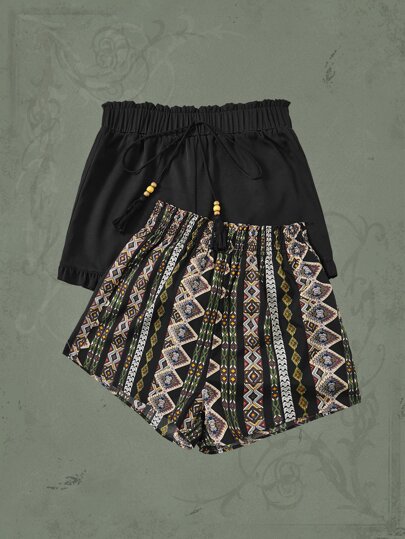 Goth بنطلون قصير قطعة واحدة موحدة اللون خصر عالي بالتجاعيد وبنطلون قصير قطعة واحدة طباعة هندسية