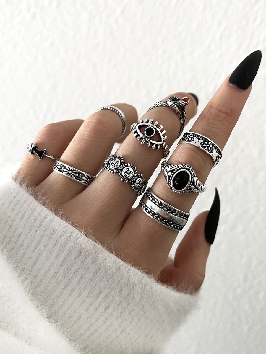 10 cái/bộ Nhẫn cổ điển - Màu Bạc Cổ - Xem 1