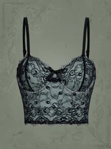 ROMWE Goth Áo khoác và áo lót dành cho xe tăng nữ Nơ Bướm Tương phản ren Hoa Gợi cảm - màu xanh lá - Xem 1