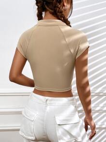 SHEIN EZwear 字母圖案拉鏈開襟短款T恤 - 卡其色 - 查看 2