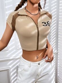 SHEIN EZwear 字母圖案拉鏈開襟短款T恤 - 卡其色 - 查看 4