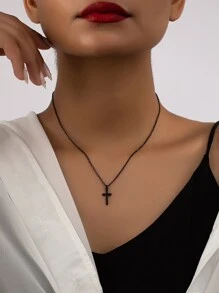 Cross Charm Necklace Goth Punk Jewelry - Black - View 2