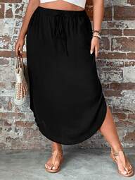 SHEIN LUNE Plus Tie Waist Curved Hem Solid Skirt