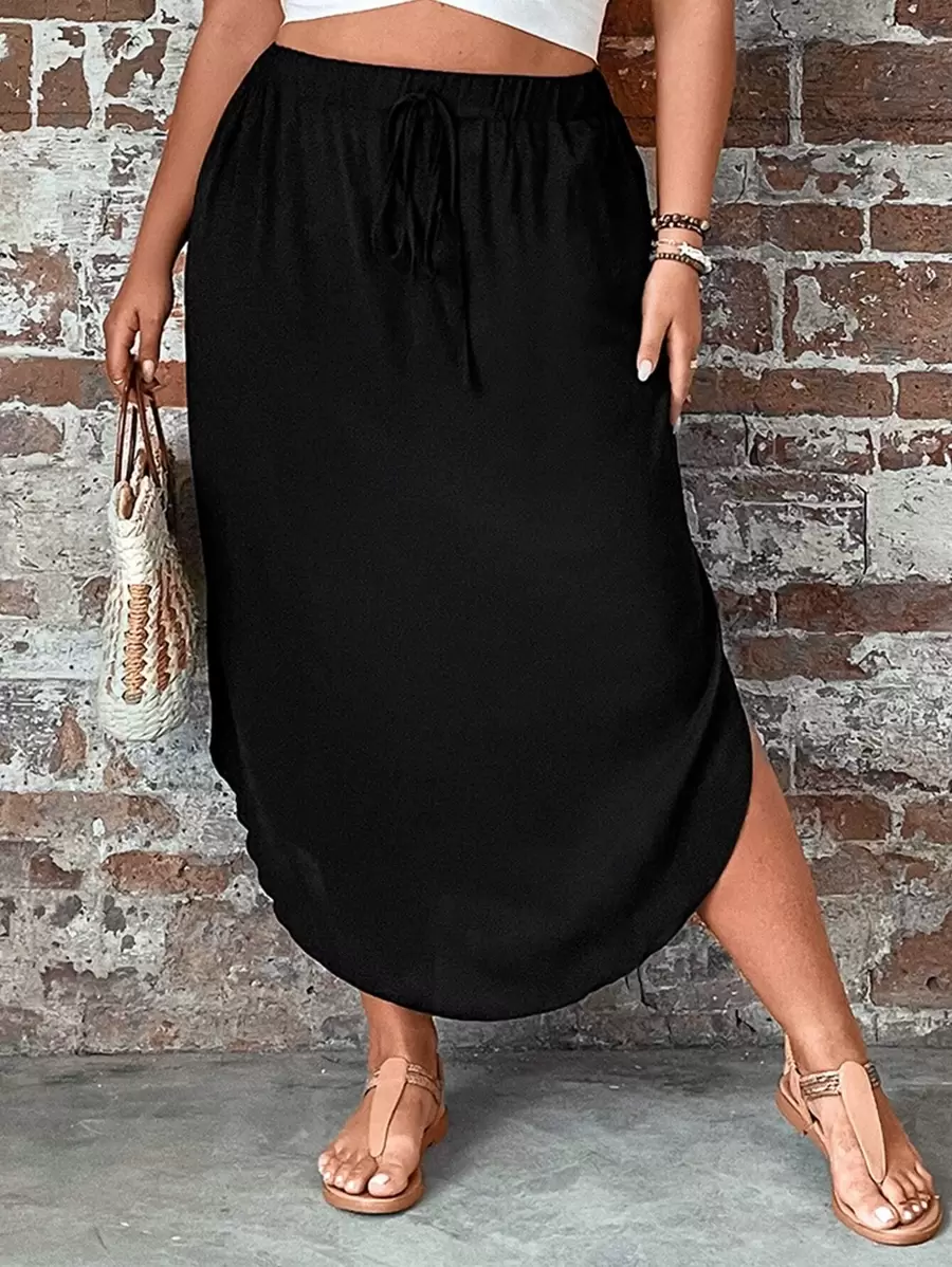 SHEIN LUNE Plus Tie Waist Curved Hem Solid Skirt