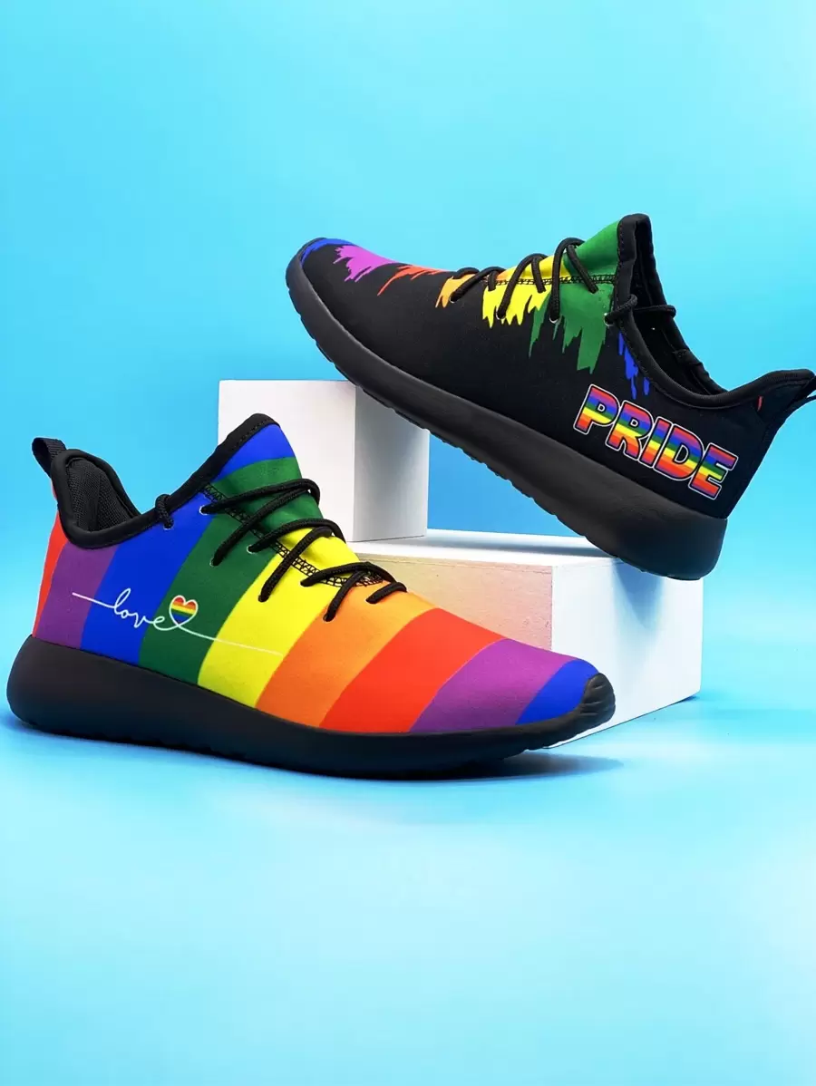 LGBT Sporty Running Shoes For Men, Rainbow Pattern Letter Graphic Lace-up Front Sneakers