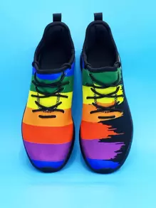 LGBT Sporty Running Shoes For Men, Rainbow Pattern Letter Graphic Lace-up Front Sneakers