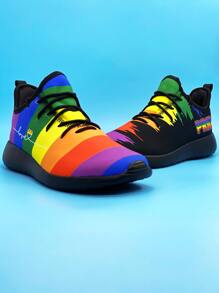 LGBT Sporty Running Shoes For Men, Rainbow Pattern Letter Graphic Lace-up Front Sneakers